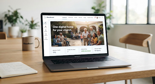 A clean, minimalist website builder interface showing a church website layout